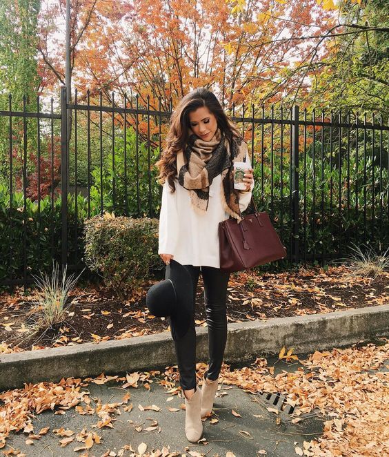 white knit, a blanket scarf, leggings and nude boots