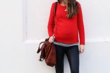 09 mom-to-be style with a red sweater, a striped shirt and chucks