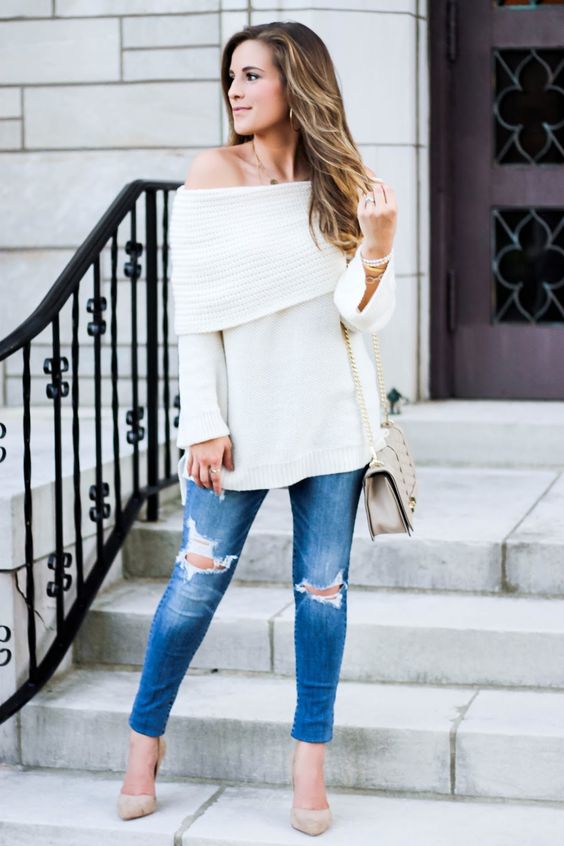 knit off the shoulder, ripped blue jeans and nude heels