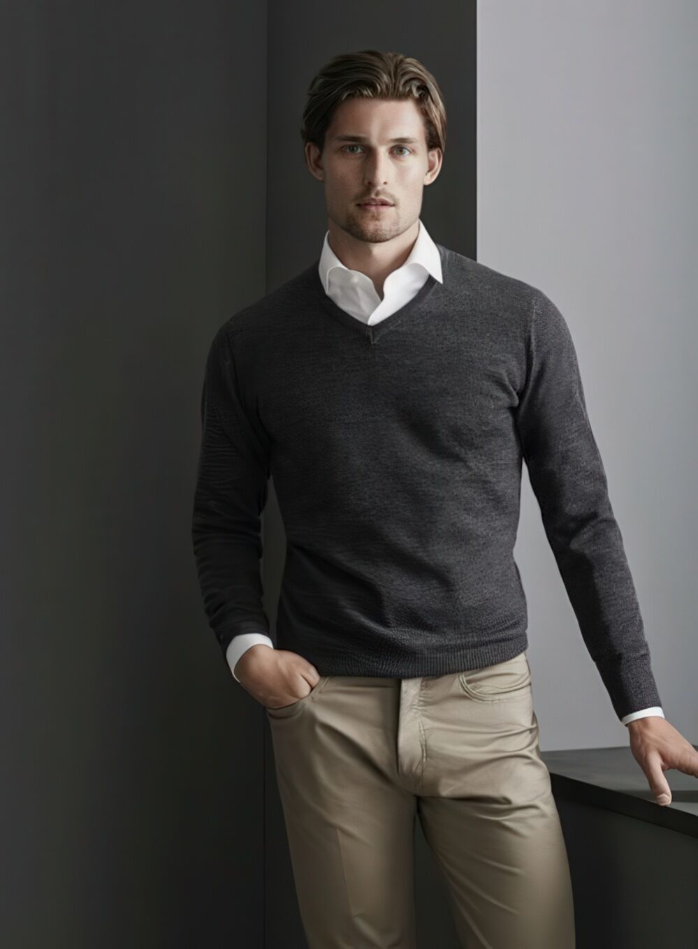 grey pullover, a white shirt, grey pants and no tie