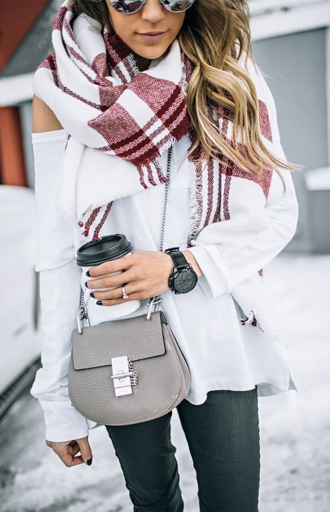 jeans, a white off the shoulder swetaer and a comfy blanket scarf