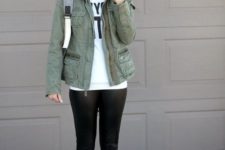 13 a military jacket, a printed white t-shirt and leopard slip-ons