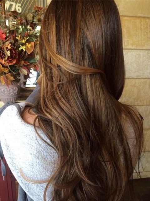 chestnut brown hair with golden balayage highlights