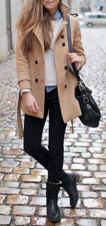 layered casual business look with a white sweater, a chambray shirt and a camel coat