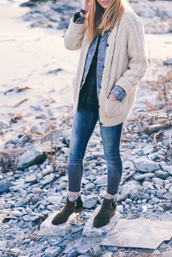 layered look with bleached denim, a plaid shirt and a cable knit cardigan