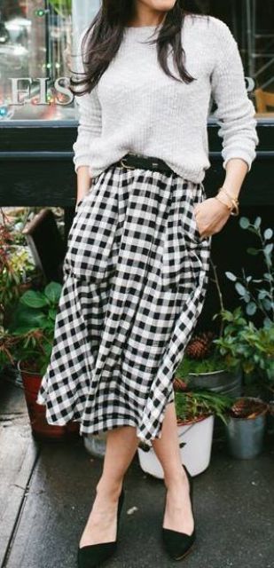 gingham checked midi, a dove grey sweater and black heels