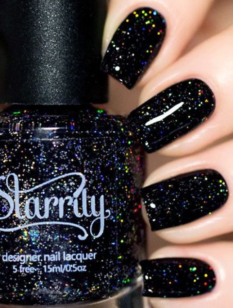 black nails with colorful glitter finish