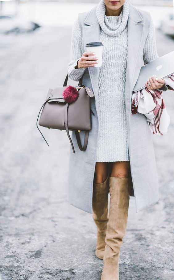 nude boots, a grey sweater dress and a long no sleeve coat