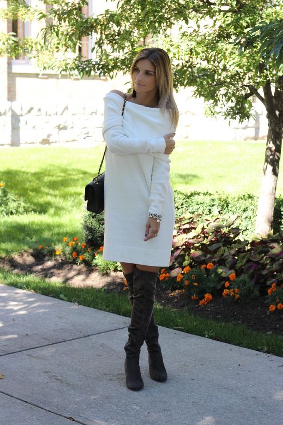 white off the shoulder dress with grey suede tall boots