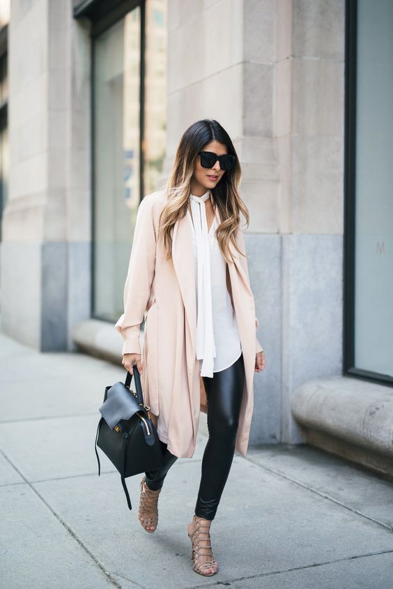 faux leather leggings, a long white shirt, a blush coat and nude heels