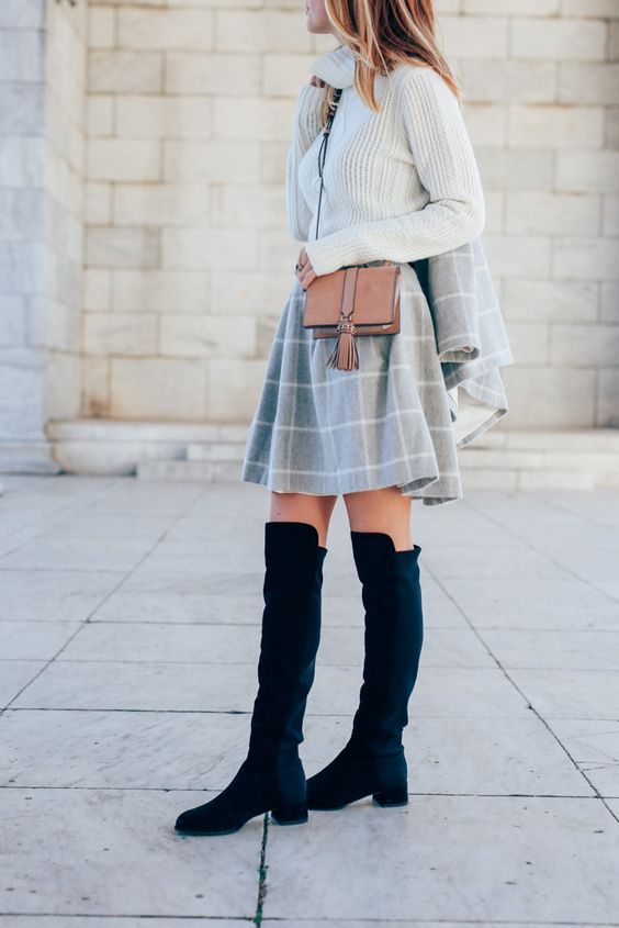 white turtleneck sweater, a windowpane skirt and suede keen boots