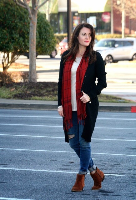 With black blazer, red scarf and cuffed jeans