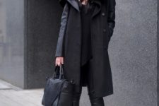 With black coat, leather pants and bag