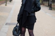 With black dress, jacket and bag
