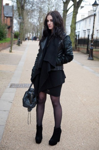 With black dress, jacket and bag