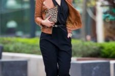 With brown leather jacket, leopard shoes and clutch