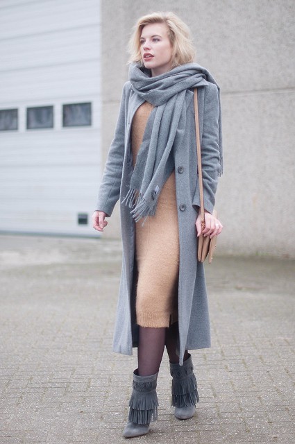 With camel midi dress and gray midi coat and scarf