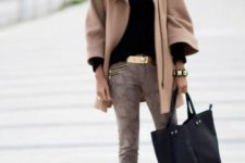 With camel mini coat, black shirt and black tote