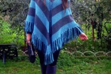 With colored poncho and jeans