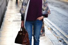 With colorful coat, cuffed jeans and ankle boots