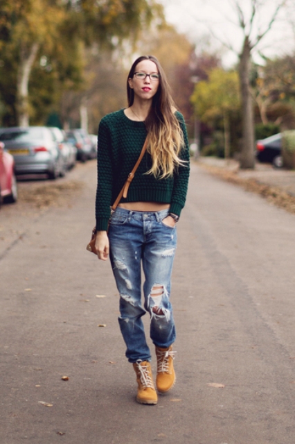 With crop sweater, distressed jeans and crossbody bag