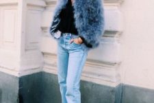 With cuffed jeans, fur short coat and black shirt