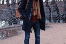 With cuffed jeans, knitted scarf and navy blue coat