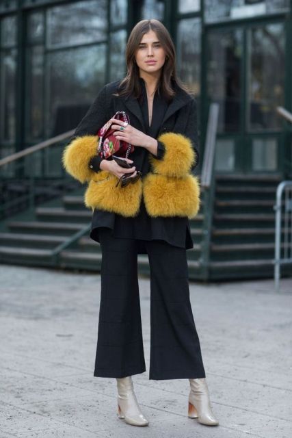 With culottes and jacket with fur