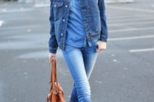 With denim shirt, jeans and denim jacket