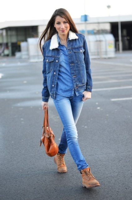 With denim shirt, jeans and denim jacket