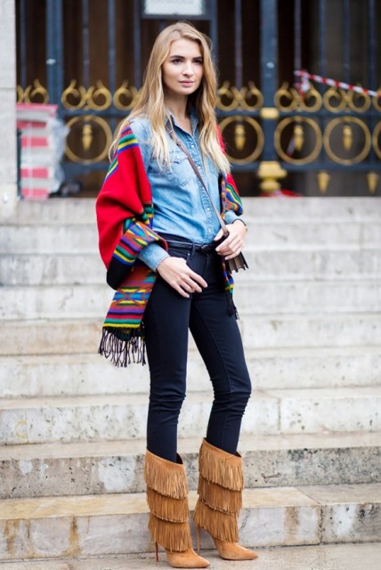 With denim shirt, skinny jeans and colored scarf