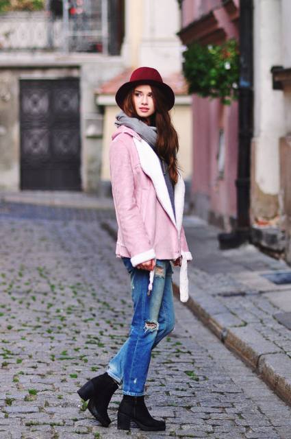 With gray scarf, jeans, ankle boots and marsala hat