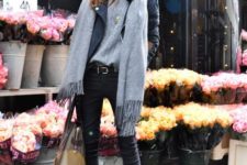 With jacket and oversized gray scarf