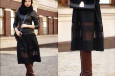 With leather jacket, black scarf, sheer skirt and chain strap bag