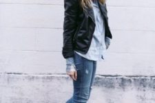 With leather jacket, shirt, cuffed jeans and white sneakers