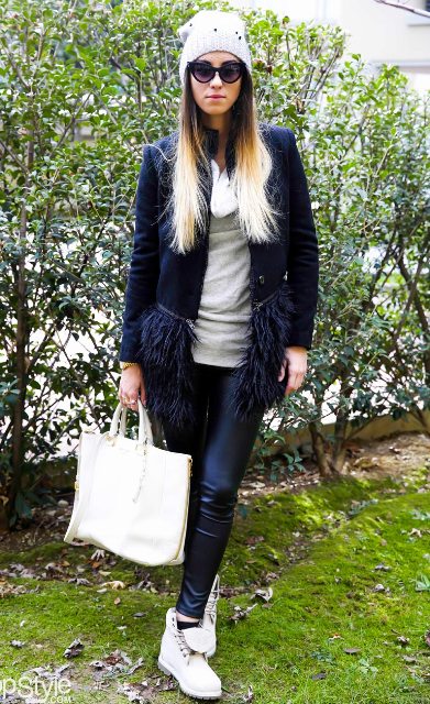 With long blazer, leather pants and white bag