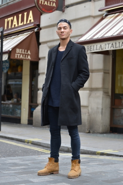 With long sweater, jeans and black coat