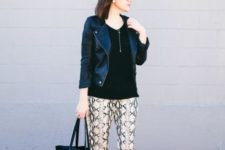 With loose black blouse, tote, jacket and pumps
