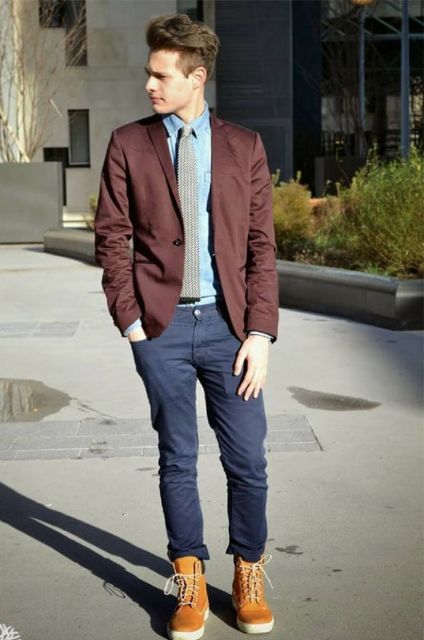 With marsala jacket, blue shirt, printed tie and navy blue pants