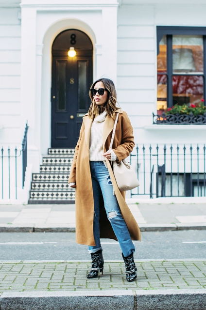 With midi camel coat and printed boots