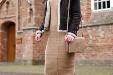 With midi dress and shearling jacket
