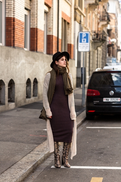 With midi dress, long cardigan and wide brim hat