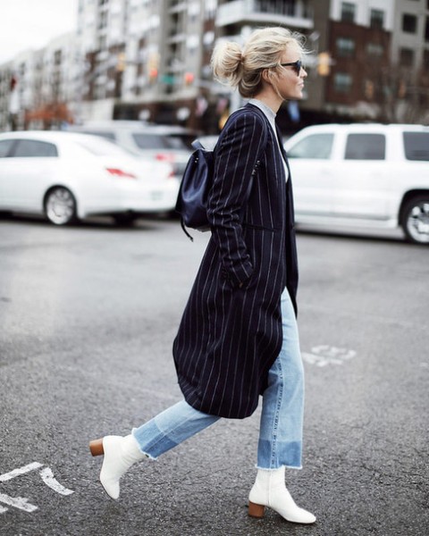 With midi striped coat, crop jeans and backpack