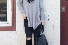 With oversized shirt, skinnies, black ankle boots and big bag