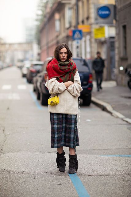 With oversized sweater, midi skirt and oversized scarf