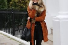 With pants, coat with fur collar and black bag