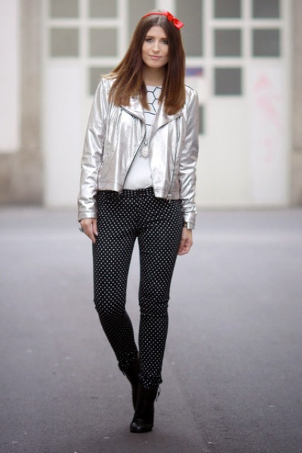 With polka dot trousers, t-shirt and ankle boots