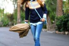 With printed sweater, classic shirt and jeans