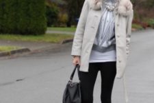 With printed sweater, leggings and light gray coat with fur collar