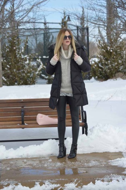 With puffer coat and skinnies
